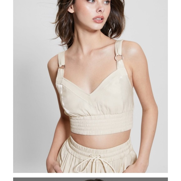 NWT GUESS ECO satin Emma cropped top size XL adjustable straps V neck cemento - Picture 1 of 13